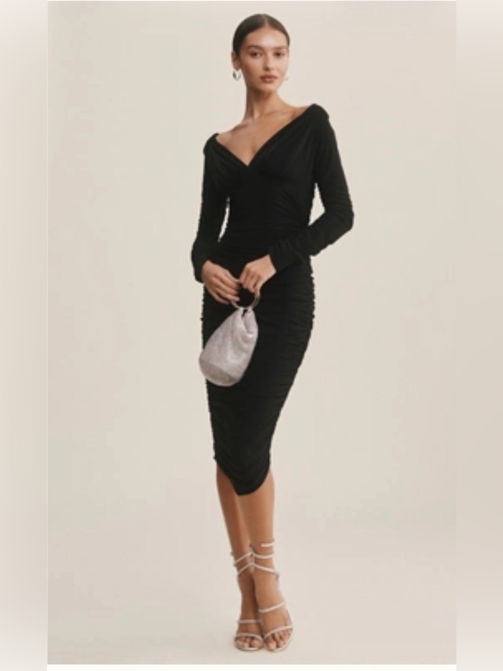 NORMA KAMALI TARA LONG-SLEEVE DEEP-V RUCHED STRETCH JERSEY MIDI DRESS